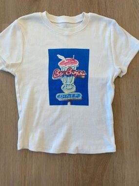 Harlow White Tee with Blue, Pink & Yellow Diner Graphic